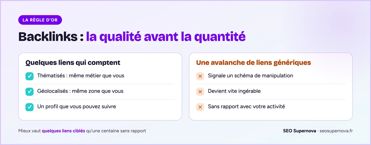 Deux colonnes : quelques backlinks thématisés et géolocalisés, avec un profil que l'on peut suivre, contre une avalanche de liens génériques qui signale une manipulation, devient ingérable et n'a pas de rapport avec l'activité.