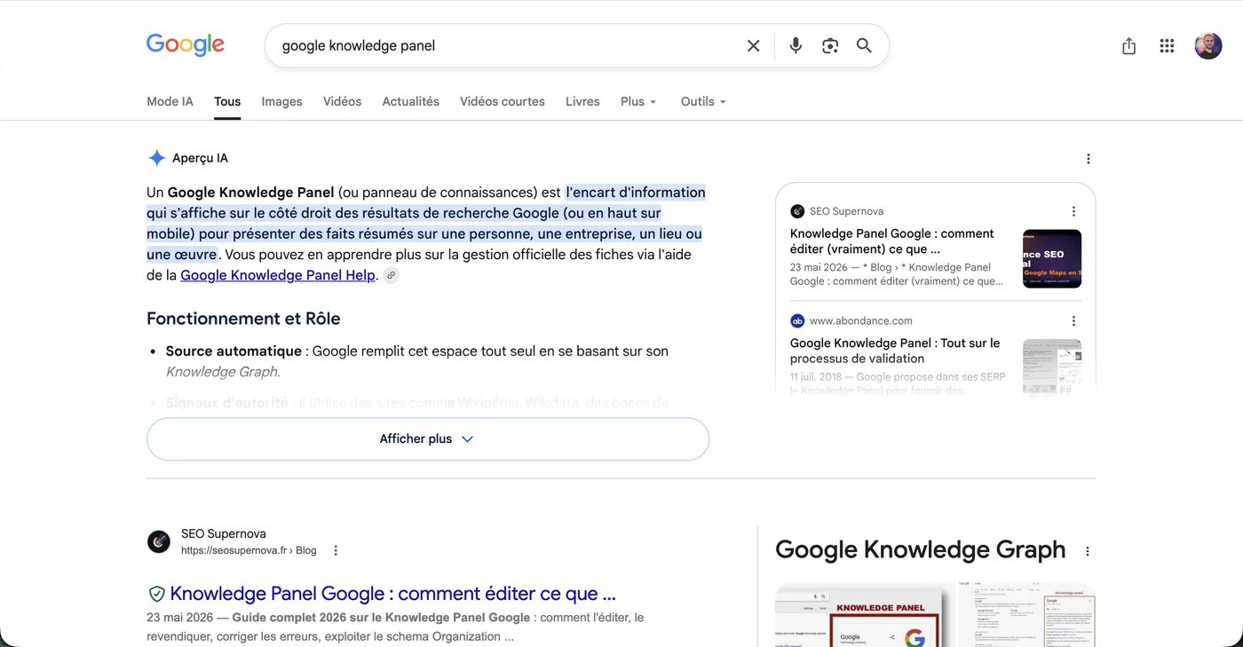 Exemple d'AI Overview Google sur une requête informationnelle : encart IA généré en haut de la SERP avec sources citées