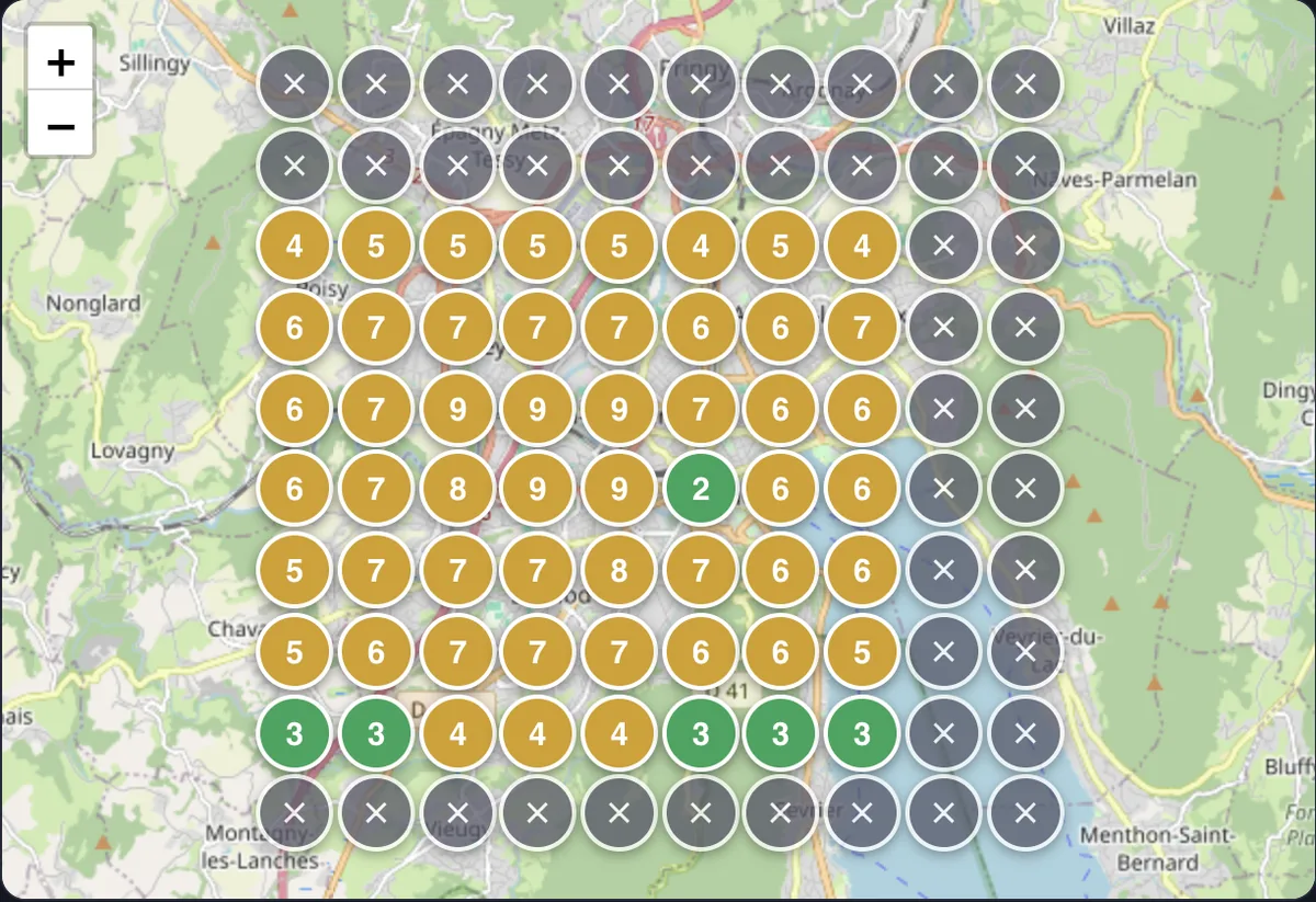 Geogrid 10×10 « smash burger annecy » au 13 juillet 2026 : 6 points en Top 3 sur 100, position moyenne 5,9, la moitié de la grille hors Top 20