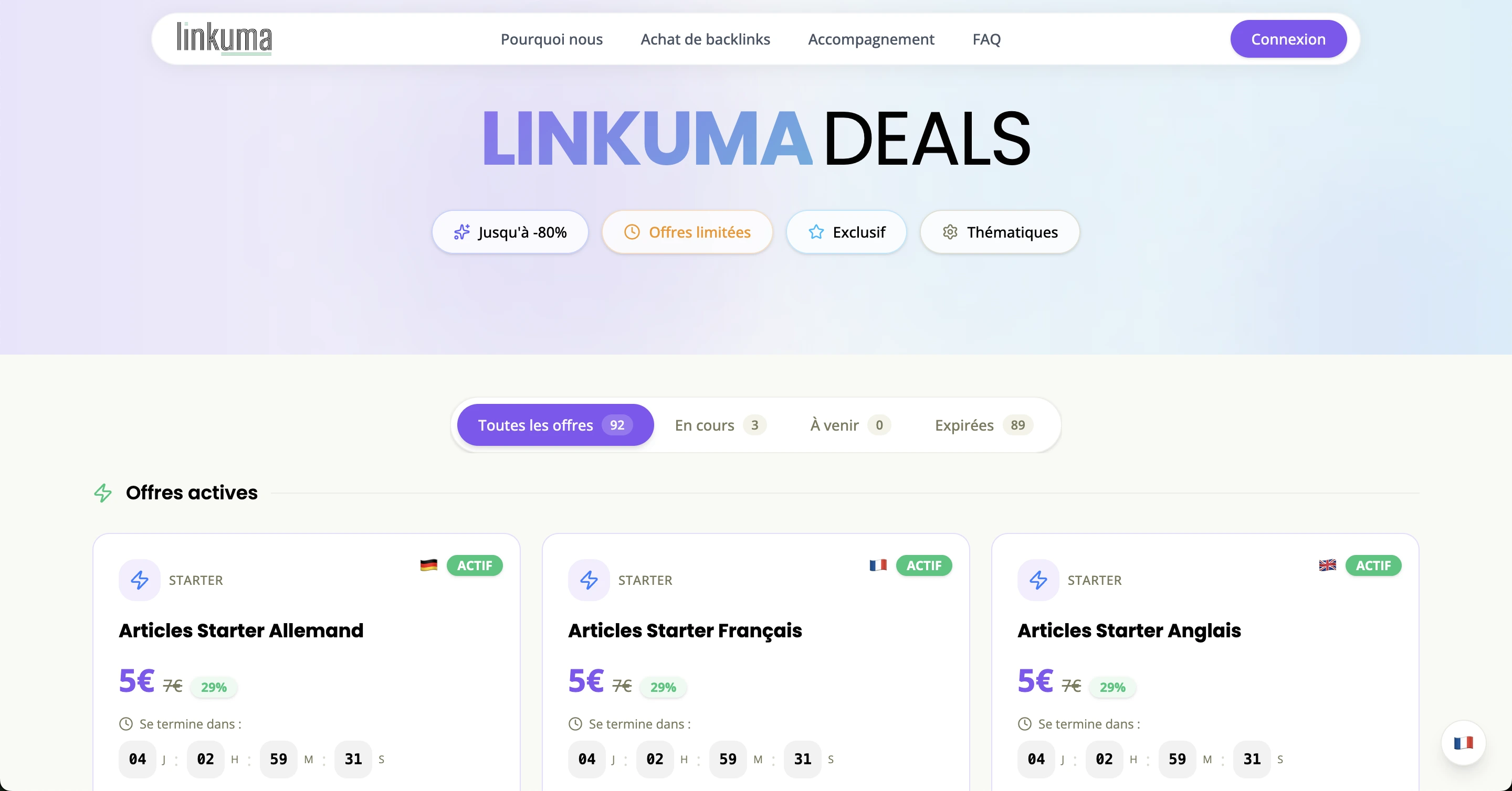 Linkuma Deals : backlinks thématisés multi-langues à prix soldé, offres limitées et exclusives
