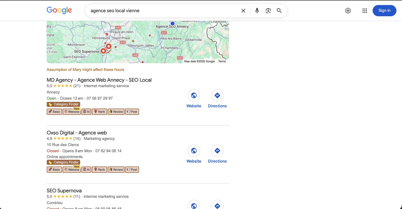 SERP Google sur une requête locale sans AI Overview : le pack local et les résultats classiques sont de retour