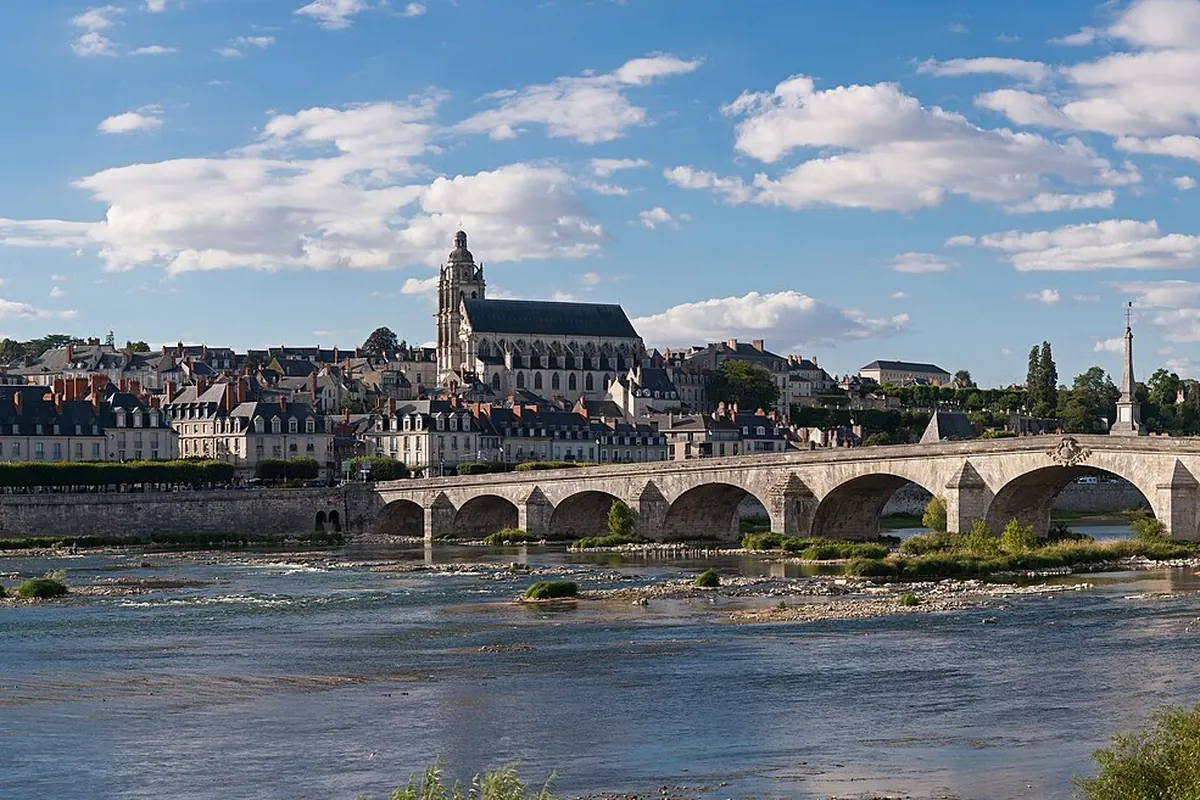 Blois et la cathédrale Saint-Louis au-dessus de la Loire, vues depuis la rive gauche, dans le Loir-et-Cher